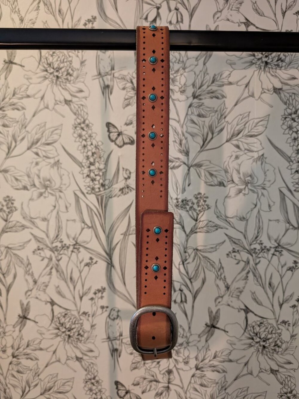 Lucky Brand Genuine Leather Studded Belt Tan Brown Turquoise Accents Size L